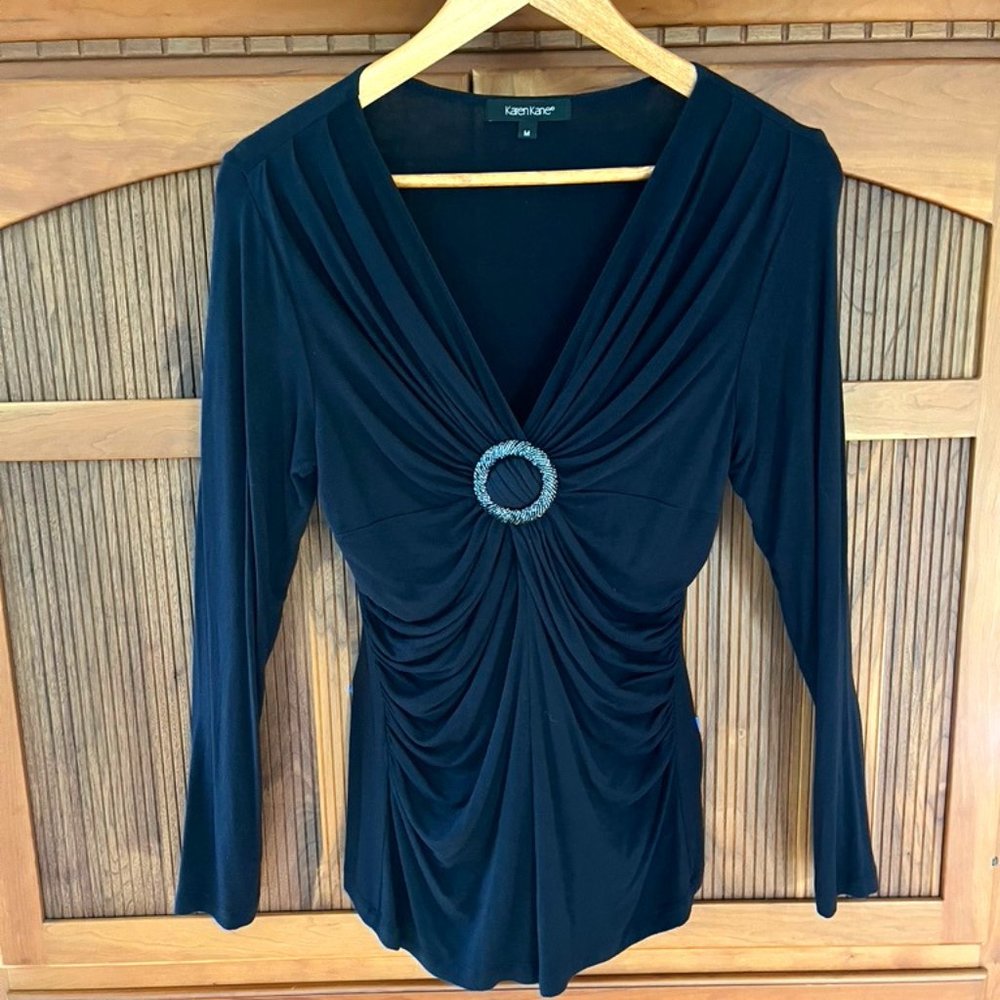 Karen Kane Navy Blue Long Sleeved V Neck Top, Sz M
